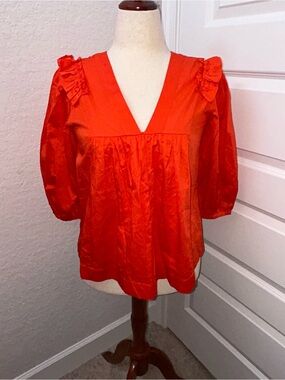 New, Harshman Cheryl 100% Cotton Ruffle V-Neck Swing Blouse Shirt Top